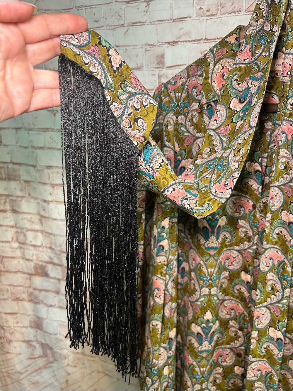 Traffic People Cinch Olive Paisley Midi Button Down Dress Tie Belt Kimono Duster - Picture 7 of 9